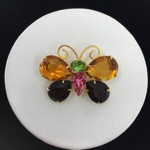 Vintage Joan Rivers Signed Rhinestone Butterfly Brooch Pin Gold Amber Pink Green